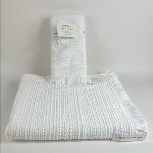 Bianca Bath Towel Set White with Fringe Cotton Made In Portugal 3 Pc Set NEW